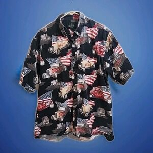 RedHead Hot Rod Shirt Mens XL 100% Cotton American Flag Flame Button Up